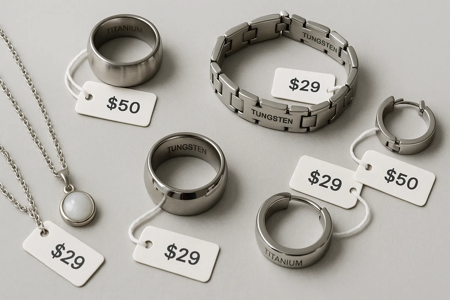 Price comparison of titanium and tungsten jewelry - Affordable luxury.