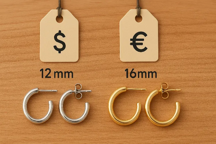 Price comparison of 12mm and 16mm earrings highlighting value for money. Price comparison of 12mm and 16mm earrings highlighting value for money.