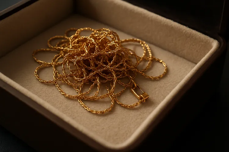 A tangled necklace in a jewelry box. A tangled necklace in a jewelry box.
