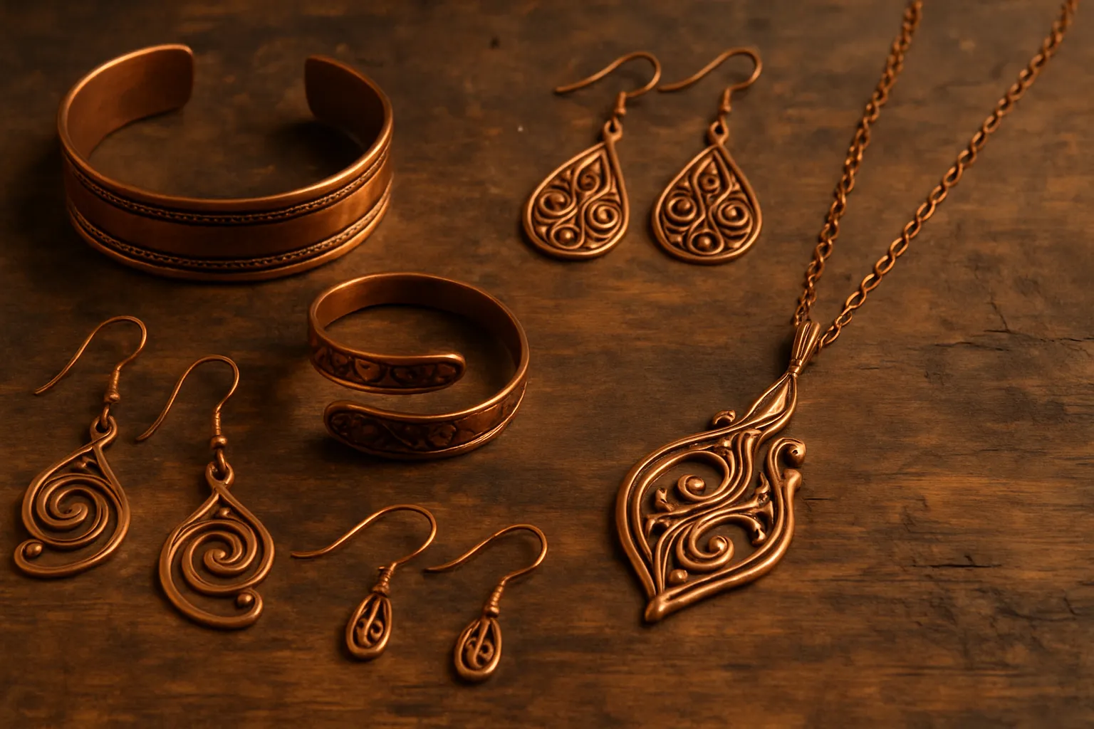 Elegant copper jewelry with a rustic patina