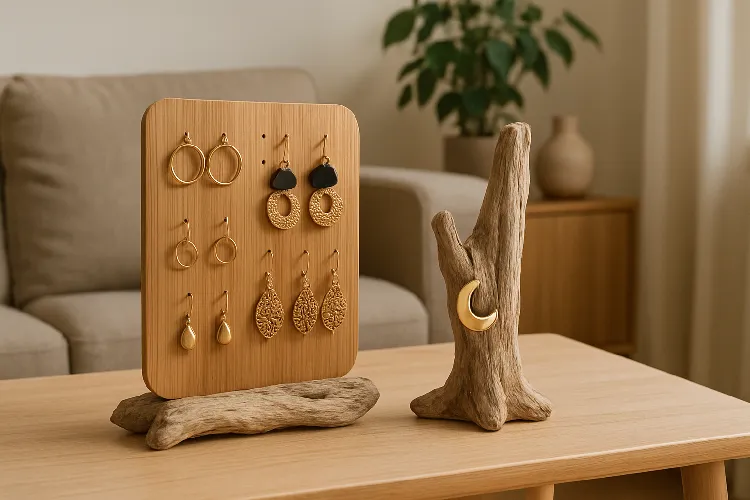 Eco-friendly earring display with modern trends. Eco-friendly earring display with modern trends.