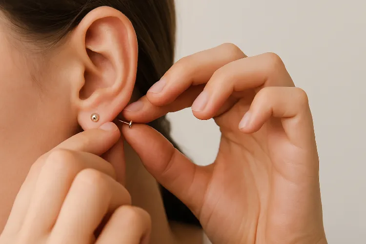 Step-by-step guide to safely change earrings. Step-by-step guide to safely change earrings.
