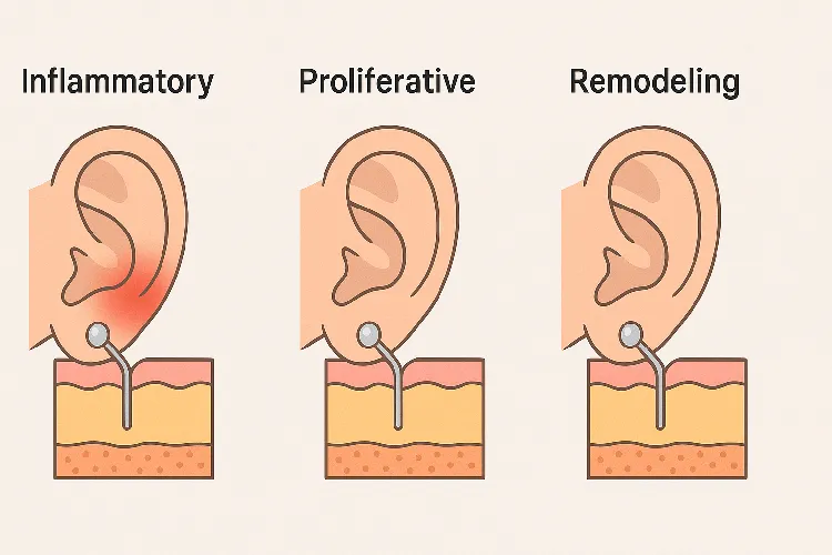 Diagram showing the stages of ear piercing healing. Diagram showing the stages of ear piercing healing.