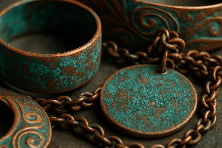 Copper jewelry showing natural tarnish and patina. Copper jewelry showing natural tarnish and patina.