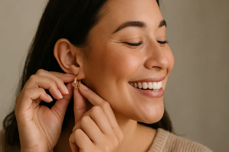 Woman wearing earrings with secure and comfortable clasps Woman wearing earrings with secure and comfortable clasps