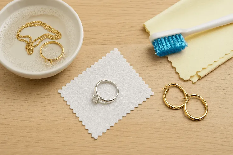 A person gently cleaning a gold bracelet with a polishing cloth A person gently cleaning a gold bracelet with a polishing cloth