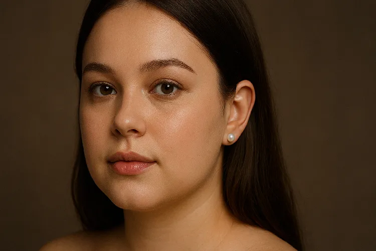 Model with a round face wearing 7-8mm pearl earrings Model with a round face wearing 7-8mm pearl earrings