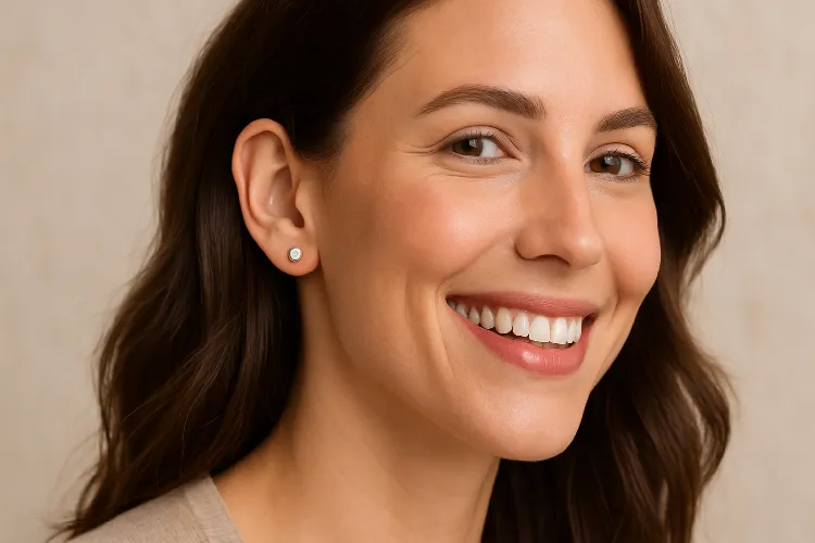 Smiling person wearing hypoallergenic earrings for a healthy, stylish look