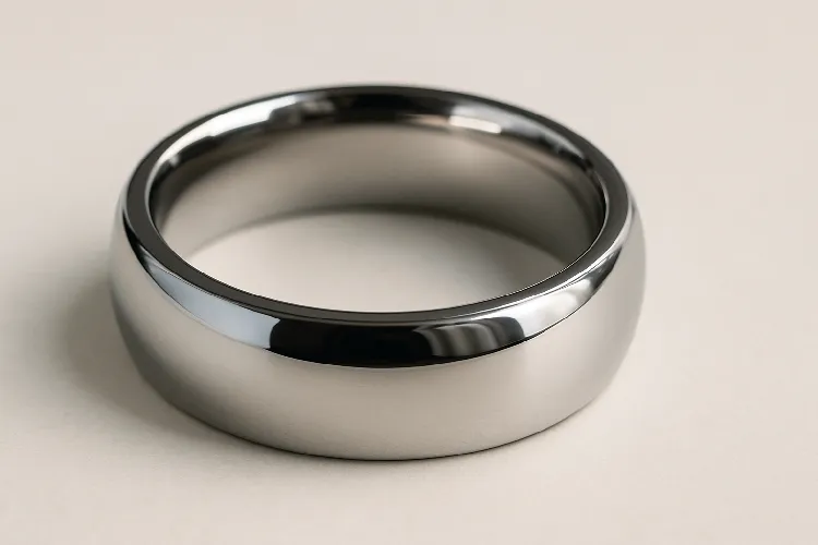 Close-up of a polished titanium wedding band.
