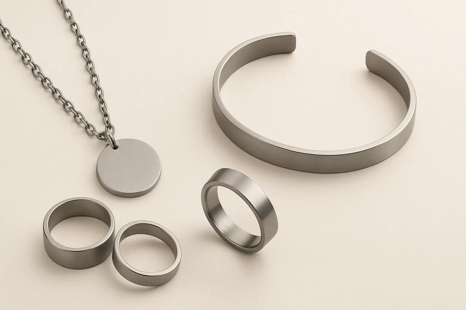 A stunning collection of titanium jewelry showcasing rings, necklaces, and bracelets.