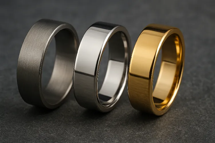 Titanium, silver, and gold rings compared side by side.