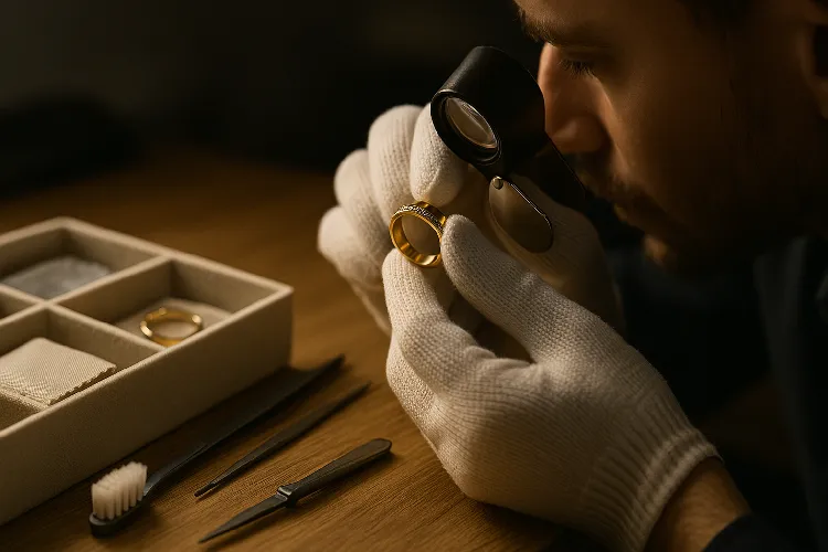 The jeweler examined the gold ring with a magnifying glass The jeweler examined the gold ring with a magnifying glass
