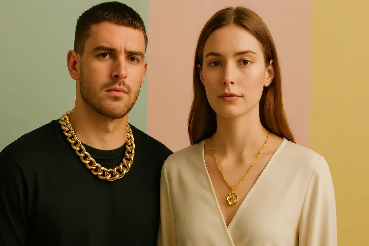 Stylish Man and Woman Wearing Different Gold Chains Stylish Man and Woman Wearing Different Gold Chains