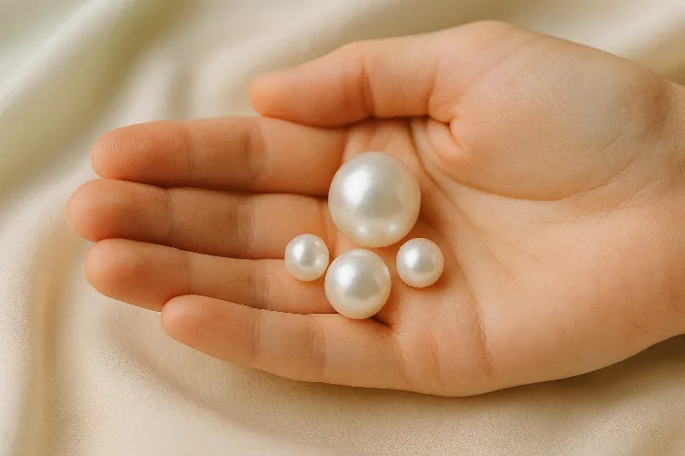 Hand holding pearls of different sizes to show variations Hand holding pearls of different sizes to show variations
