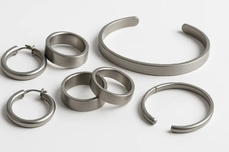 Various titanium jewelry pieces, including rings and bracelets.