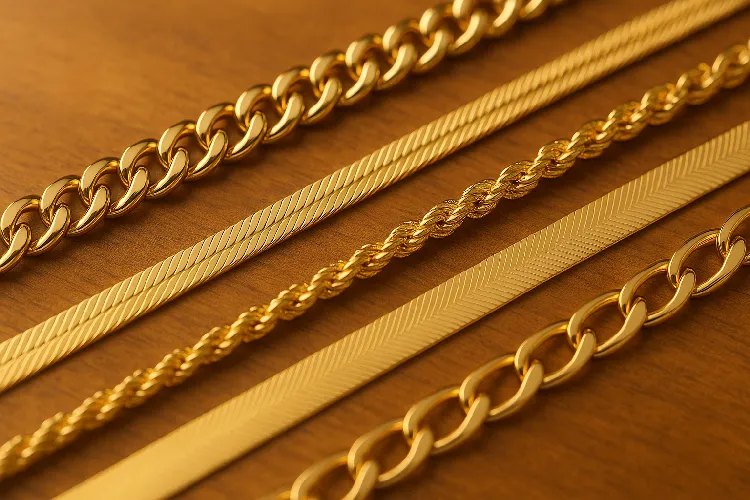 Variety of Gold Chains Including Cuban, Rope, and Herringbone Styles Variety of Gold Chains Including Cuban, Rope, and Herringbone Styles