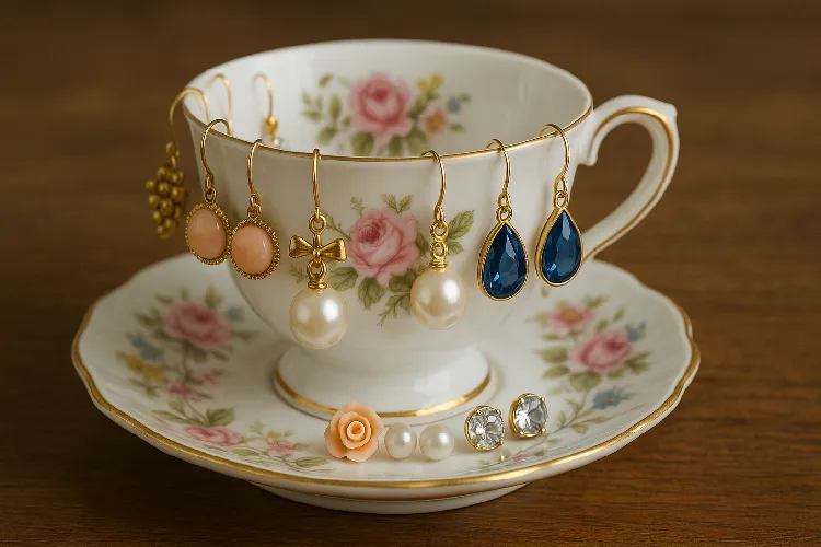 Vintage tea cup used as a creative earring holder. Vintage tea cup used as a creative earring holder.
