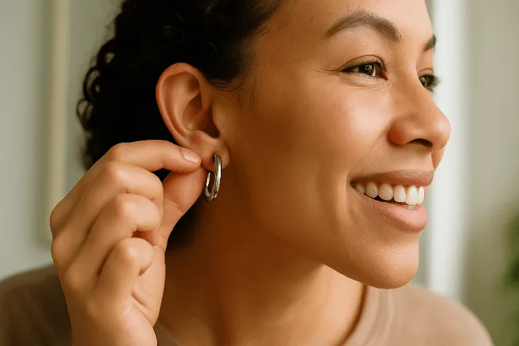 Users trying on stainless steel earrings Users trying on stainless steel earrings