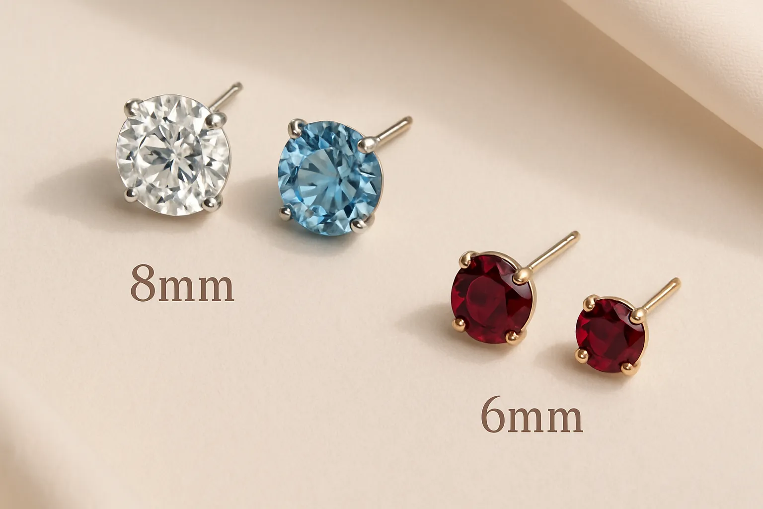 Comparison of 8mm and 6mm earrings side by side on a soft beige background