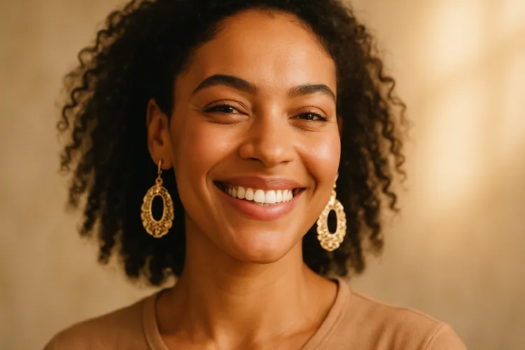 Happy person wearing healed ear piercing with beautiful earrings. Happy person wearing healed ear piercing with beautiful earrings.