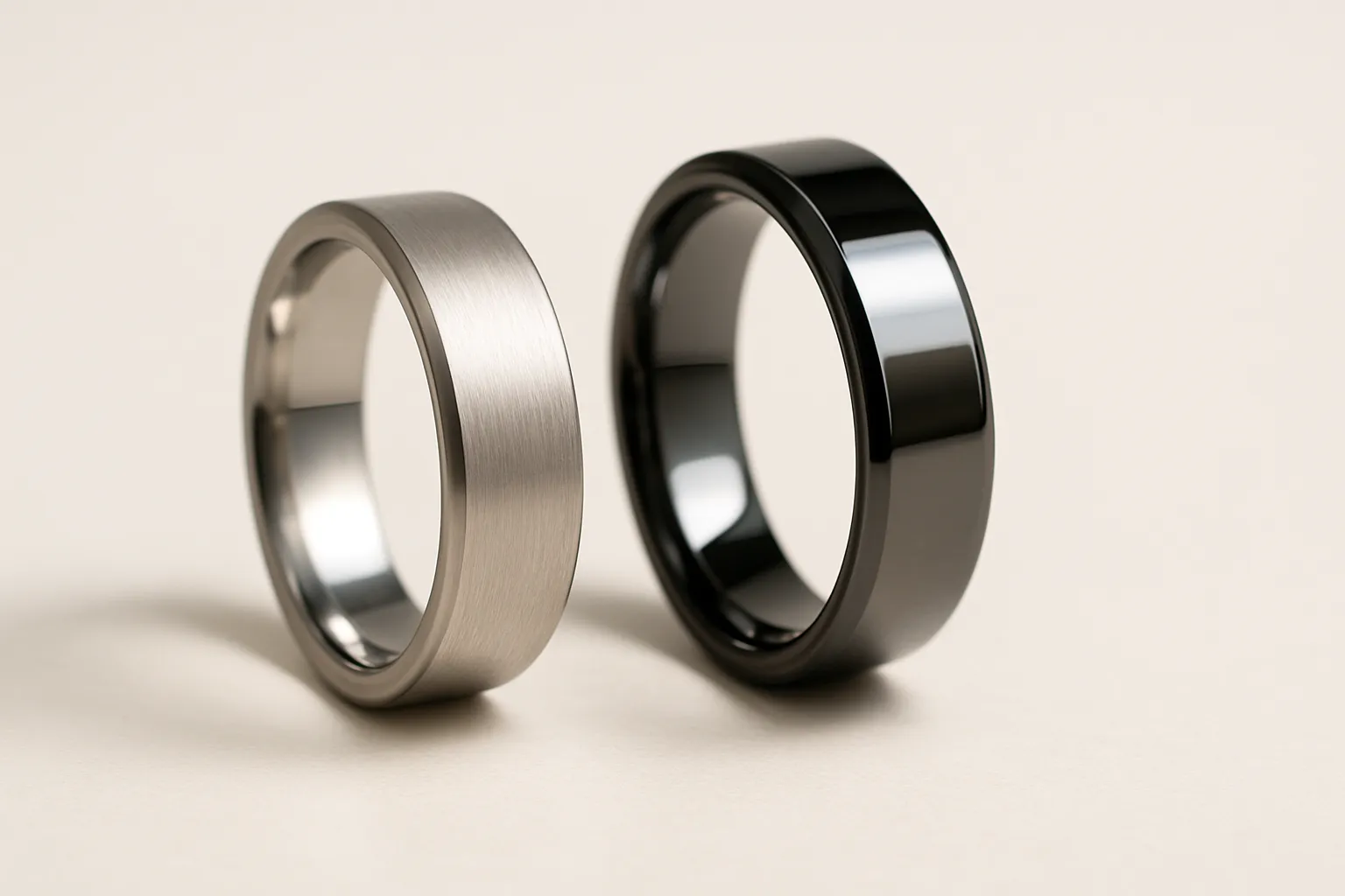 Titanium vs Tungsten Jewelry - Durable and stylish rings on a polished surface.