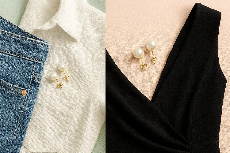 Pearl earrings styled with casual and formal outfits Pearl earrings styled with casual and formal outfits