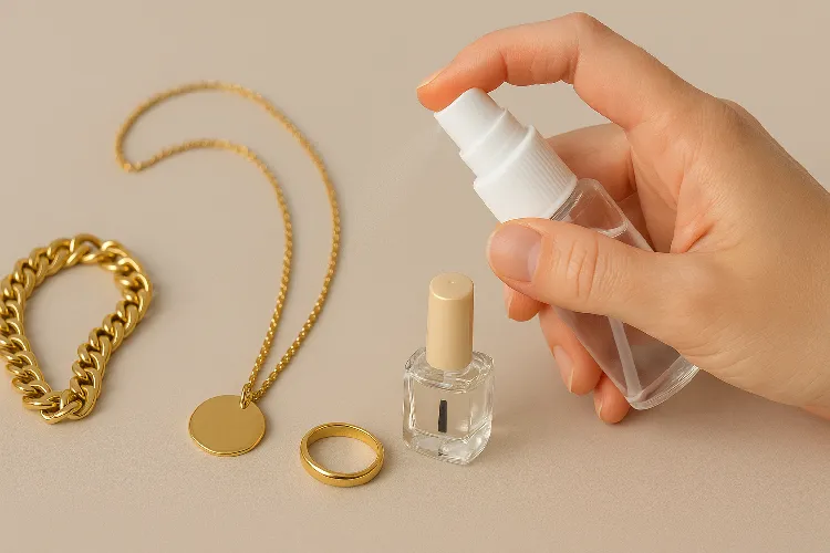 Applying a protective anti-tarnish spray to a gold necklace Applying a protective anti-tarnish spray to a gold necklace