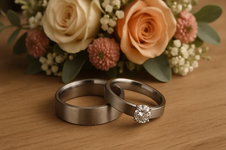 Titanium wedding rings displayed with a bouquet.