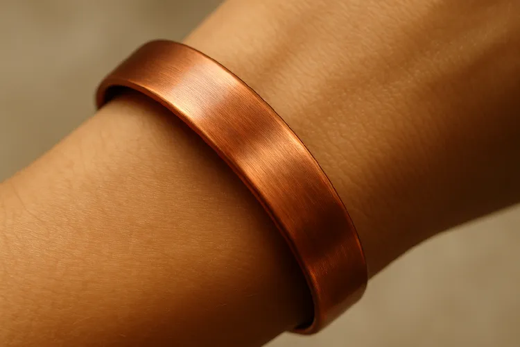 Copper bracelet worn for its potential health benefits like joint pain relief and inflammation reduction Copper bracelet worn for its potential health benefits like joint pain relief and inflammation reduction