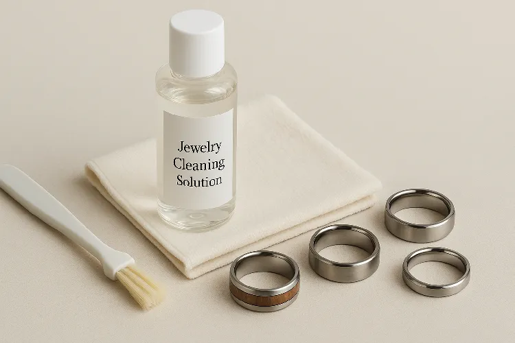 Jewelry cleaning kit with titanium rings, showing best practices for maintaining jewelry. Jewelry cleaning kit with titanium rings, showing best practices for maintaining jewelry.