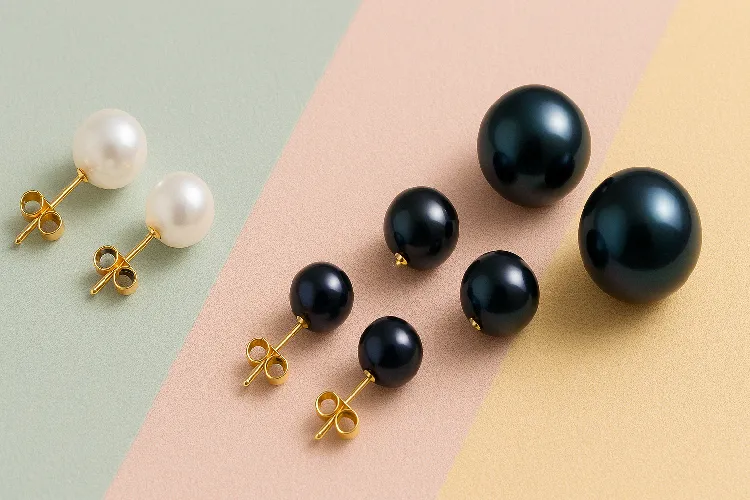 White and black pearls of different sizes showing color matching. White and black pearls of different sizes showing color matching.