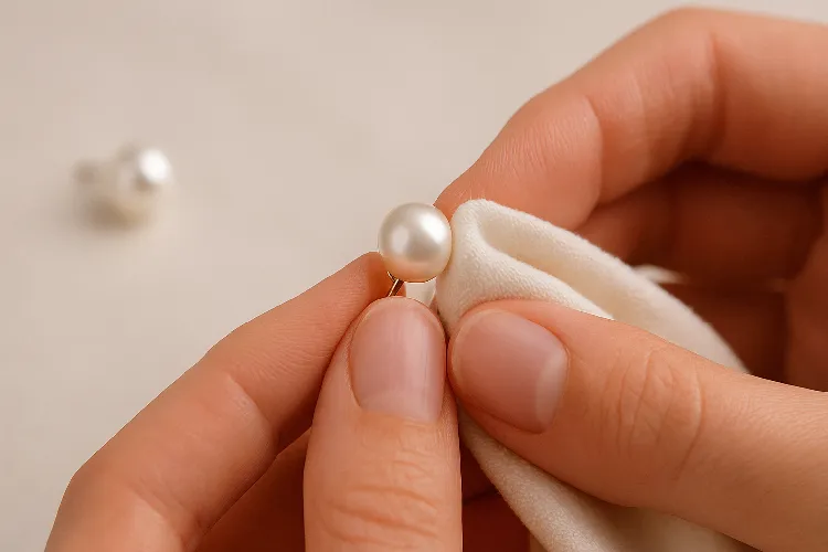 Gentle cleaning of a pearl earring with a soft cloth to preserve its shine. Gentle cleaning of a pearl earring with a soft cloth to preserve its shine.