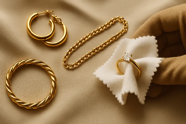 A beautifully polished set of jewelry displayed on a soft cloth. A beautifully polished set of jewelry displayed on a soft cloth.