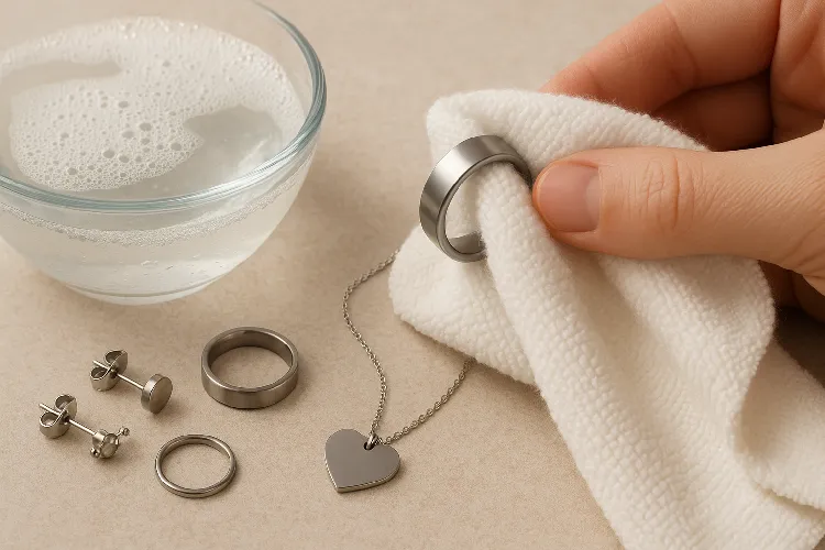 Cleaning titanium jewelry with a soft cloth and mild soap.