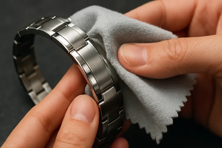 Using a polishing cloth to maintain titanium jewelry. Using a polishing cloth to maintain titanium jewelry.