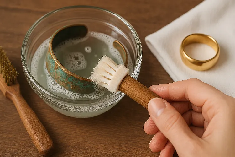 Jewelry maintenance process, demonstrating how to clean and maintain bronze and brass jewelry. Jewelry maintenance process, demonstrating how to clean and maintain bronze and brass jewelry.