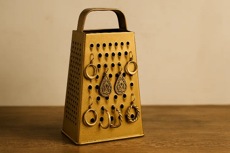Vintage cheese grater turned earring holder. Vintage cheese grater turned earring holder.