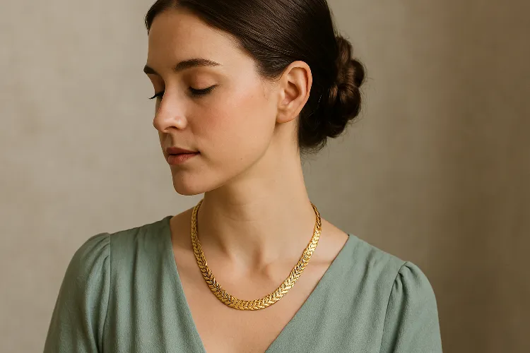 Delicate Herringbone Gold Chain Worn by Woman Delicate Herringbone Gold Chain Worn by Woman