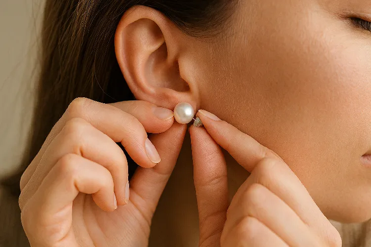 Person adjusting 9-10mm pearl earrings for comfort Person adjusting 9-10mm pearl earrings for comfort
