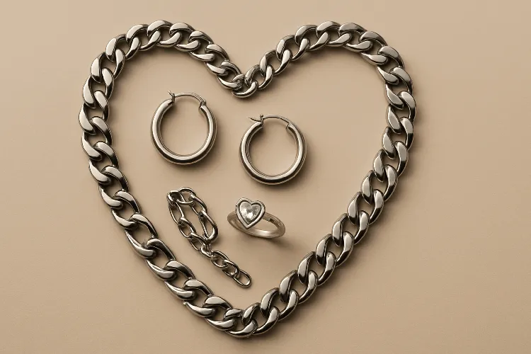 An elegant picture of stainless steel jewelry arranged in a heart shape An elegant picture of stainless steel jewelry arranged in a heart shape