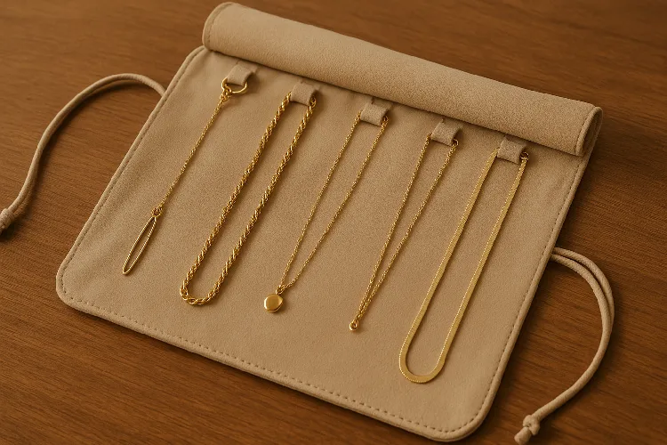 Necklaces stored in a travel jewelry roll. Necklaces stored in a travel jewelry roll.