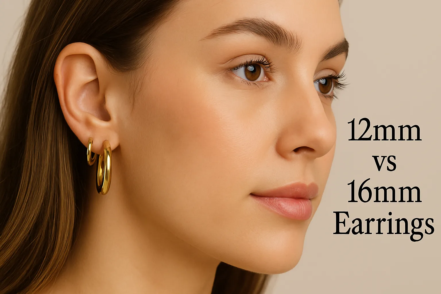 Close-up of 12mm and 16mm gold hoop earrings, highlighting size difference.