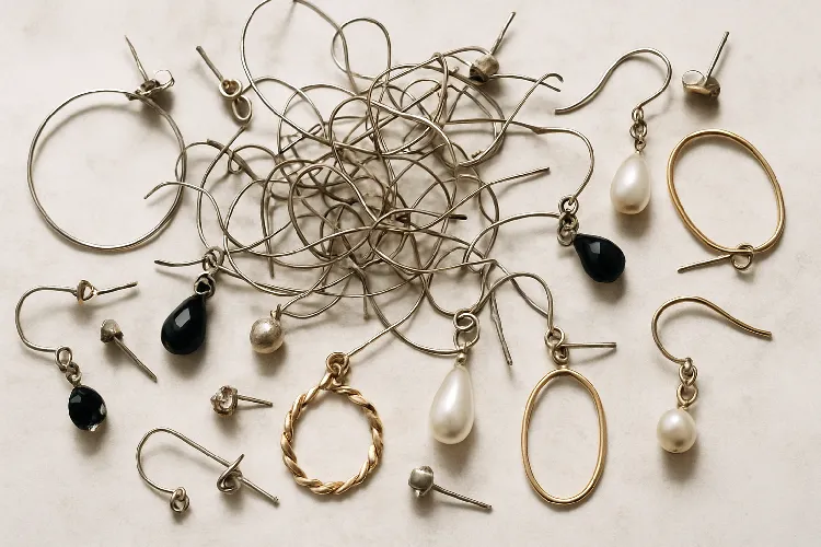Messy earring collection representing disorganization Messy earring collection representing disorganization