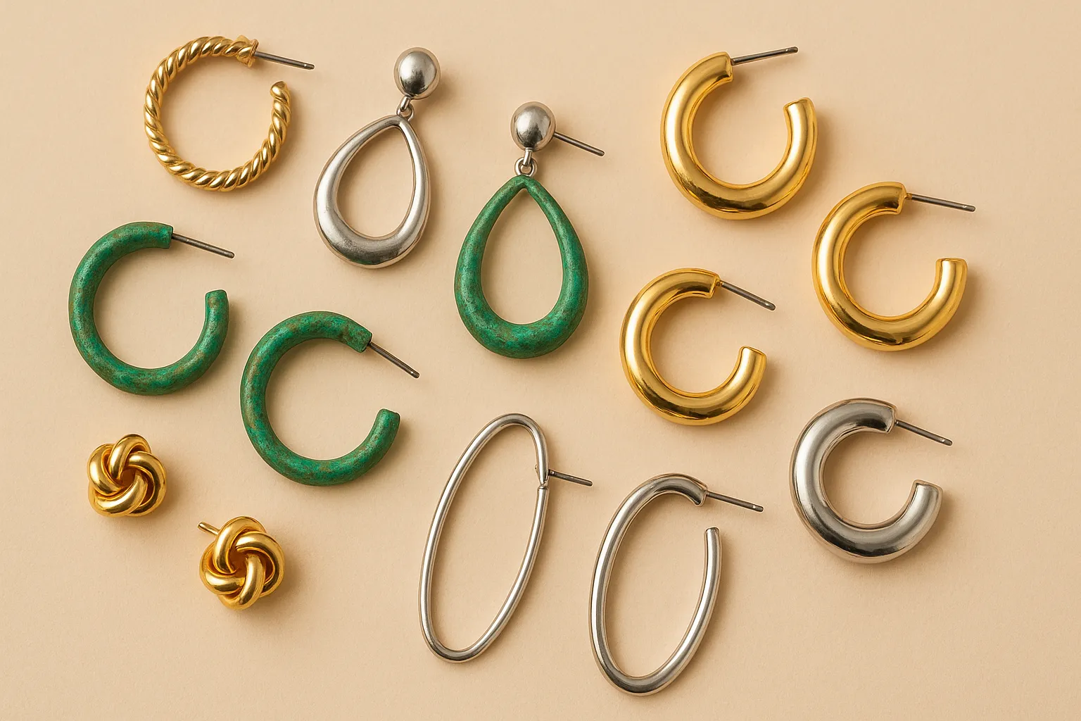Alloy earrings with green discoloration highlighting the oxidation issue