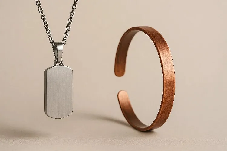 Stainless steel and copper jewelry side by side Stainless steel and copper jewelry side by side