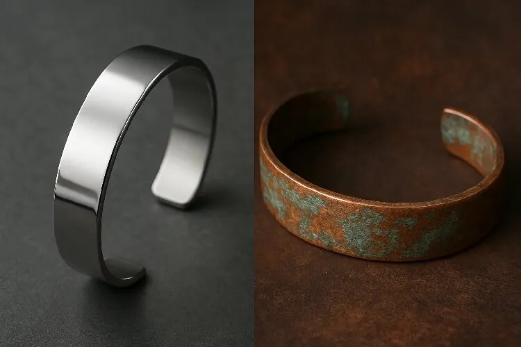 Visual contrast: shiny stainless steel vs. rustic copper Visual contrast: shiny stainless steel vs. rustic copper