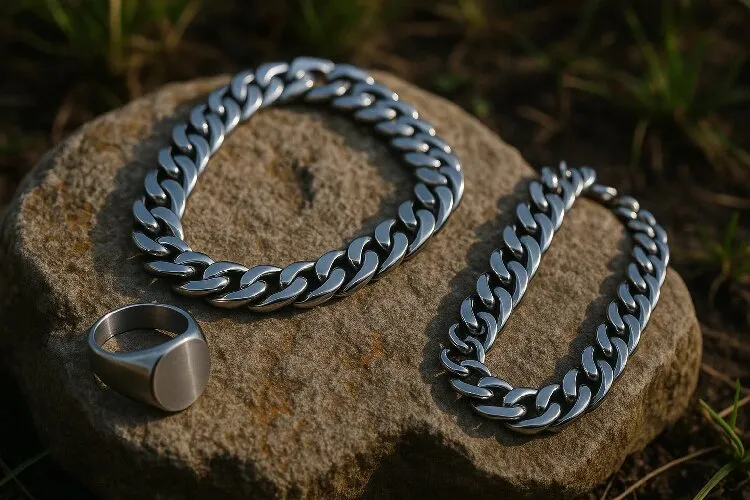 Stainless steel jewelry showing durability and resistance to wear Stainless steel jewelry showing durability and resistance to wear