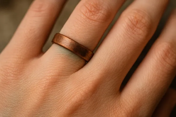 Copper jewelry causing a greenish tint on skin due to oxidation Copper jewelry causing a greenish tint on skin due to oxidation