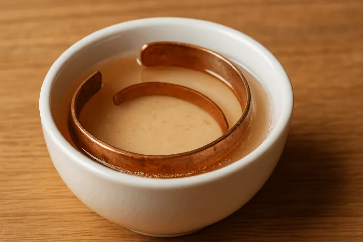 Soaking copper jewelry in vinegar and salt solution. Soaking copper jewelry in vinegar and salt solution.