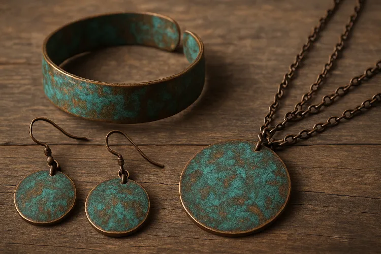 Copper jewelry with a natural greenish-blue patina. Copper jewelry with a natural greenish-blue patina.